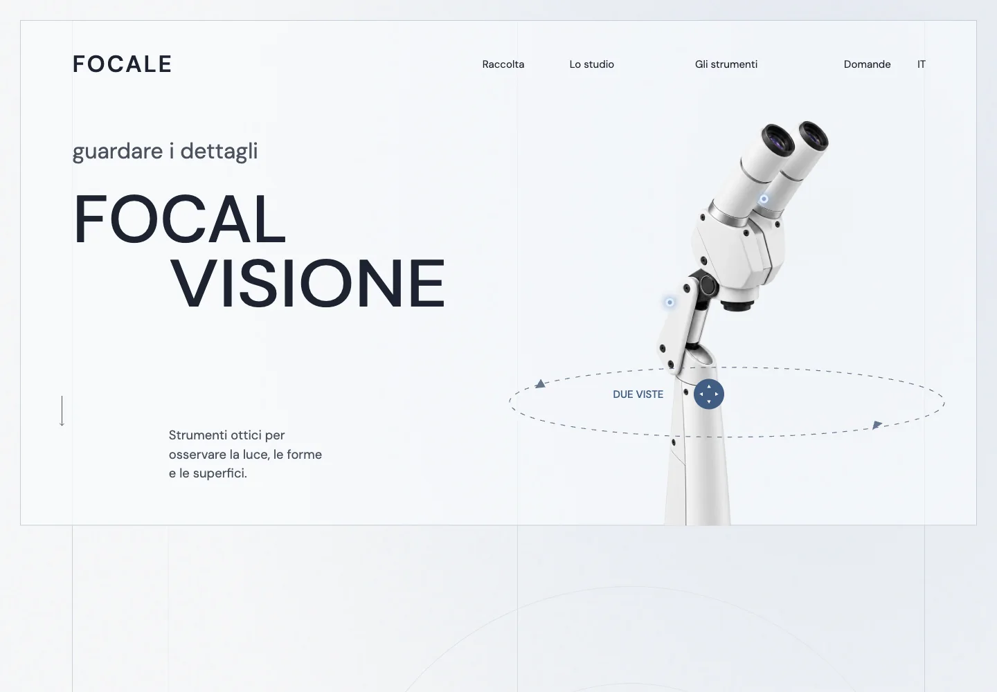Modello Focale realizzato con DeepCMS: strumento ottico bianco, impaginazione tecnica e grande tipografia