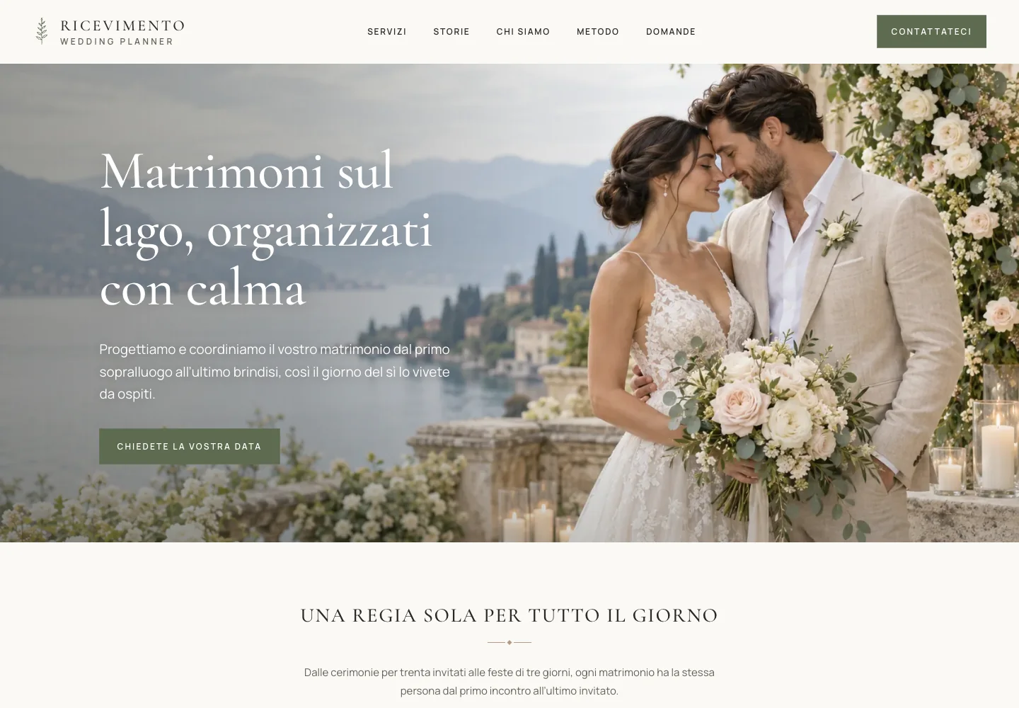 Modello Ricevimento DeepCMS: matrimonio sul lago, fotografia a tutto schermo e tipografia elegante