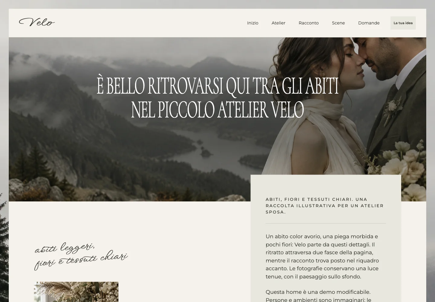Modello Velo DeepCMS: atelier sposa con ritratto di una coppia, toni avorio e composizione editoriale