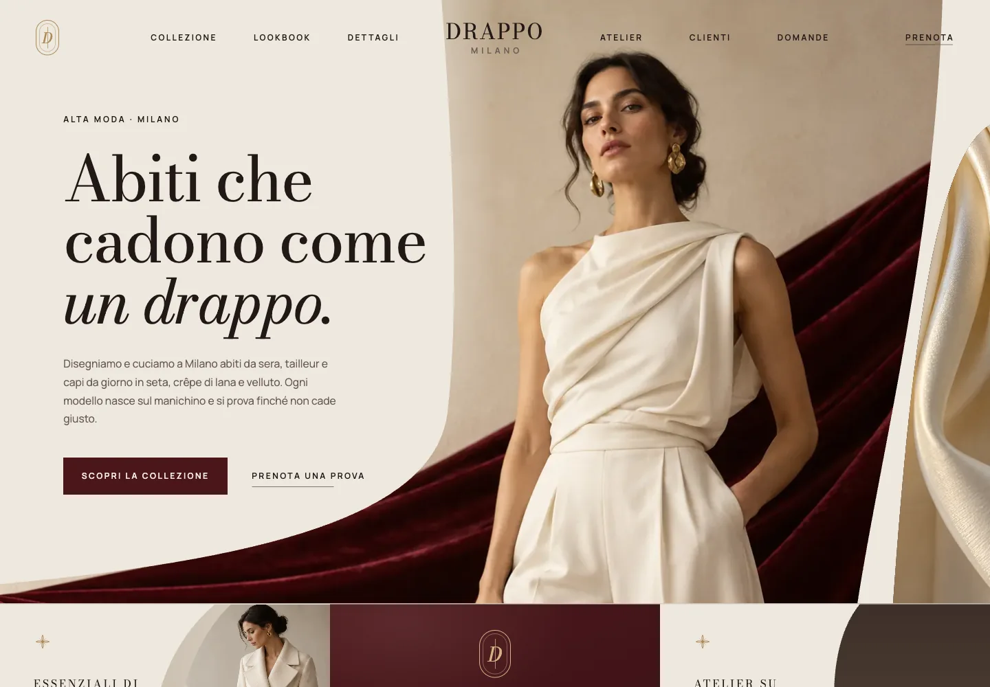 Modello Drappo DeepCMS: abito in seta, palette avorio e bordeaux e composizione editoriale
