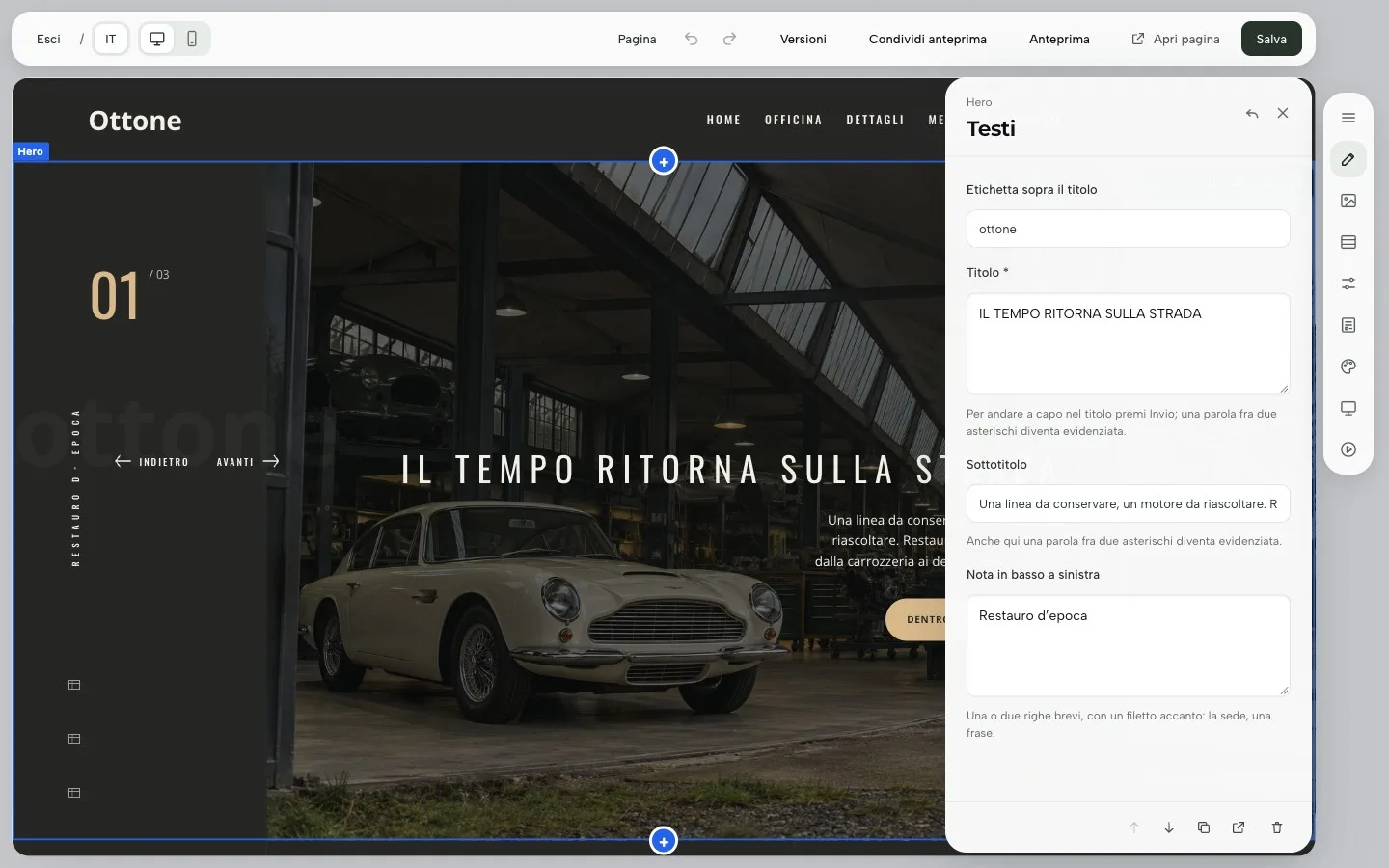 Editor di DeepCMS Pro: il widget Hero della demo Ottone è selezionato e le sue proprietà si aprono a destra