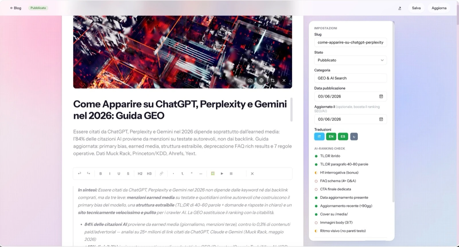 L’editor del blog di DeepCMS con le impostazioni dell’articolo, le traduzioni e la lista di controllo