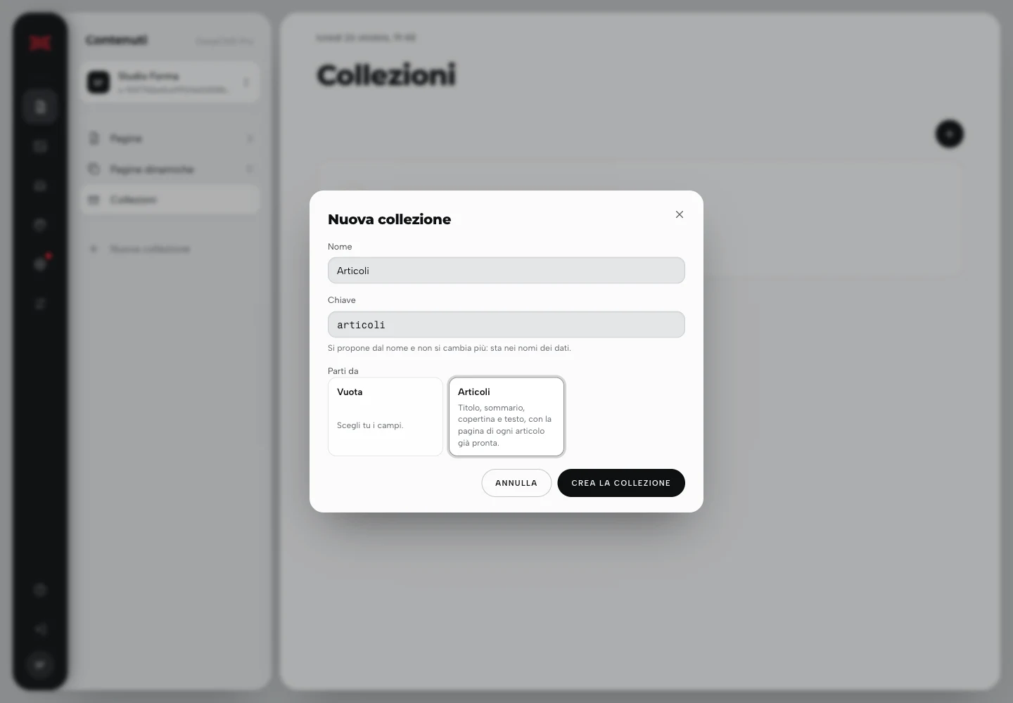 Finestra Nuova collezione con nome Articoli e il punto di partenza Articoli selezionato.