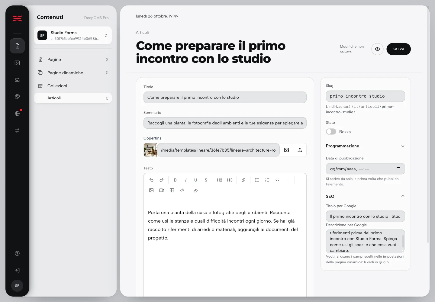 Editor di un articolo di Studio Forma con titolo, sommario, copertina, testo e impostazioni SEO.