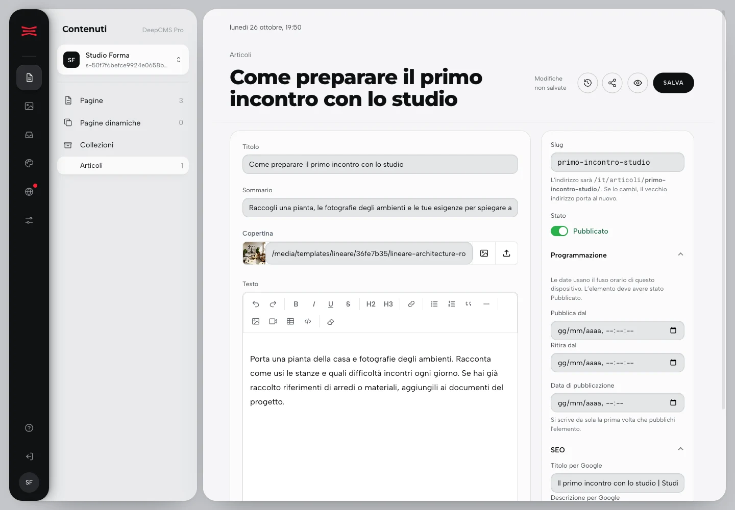 Impostazioni dell’articolo con stato Pubblicato e controlli di Programmazione.