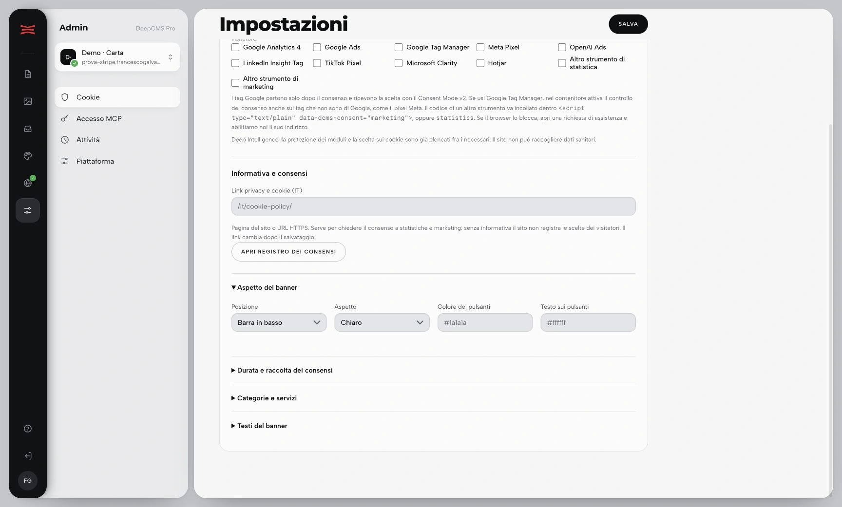 Impostazioni Cookie di Demo Carta con i controlli dell’aspetto aperti.
