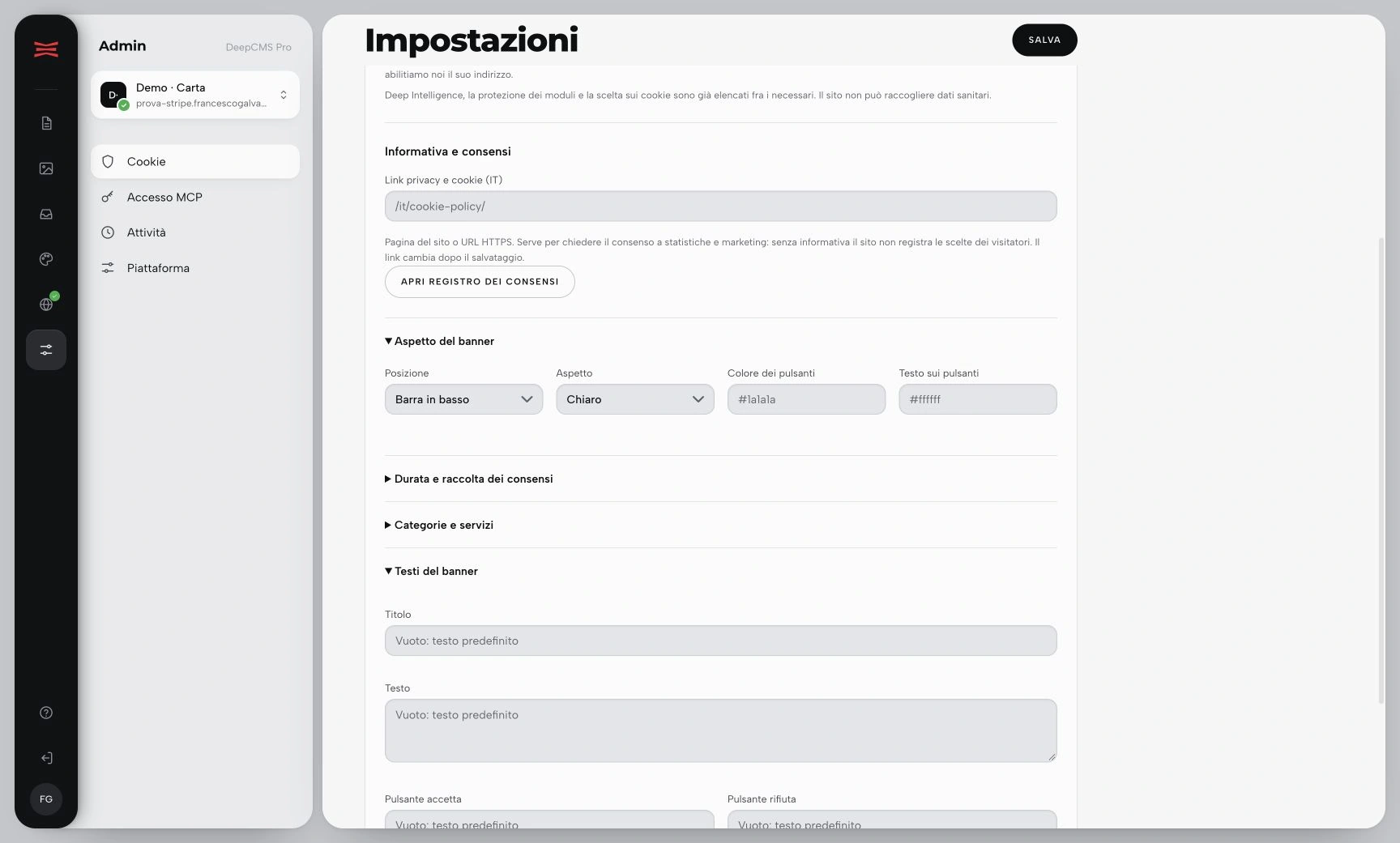 Controlli Testi del banner con campi per titolo, testo e pulsanti.