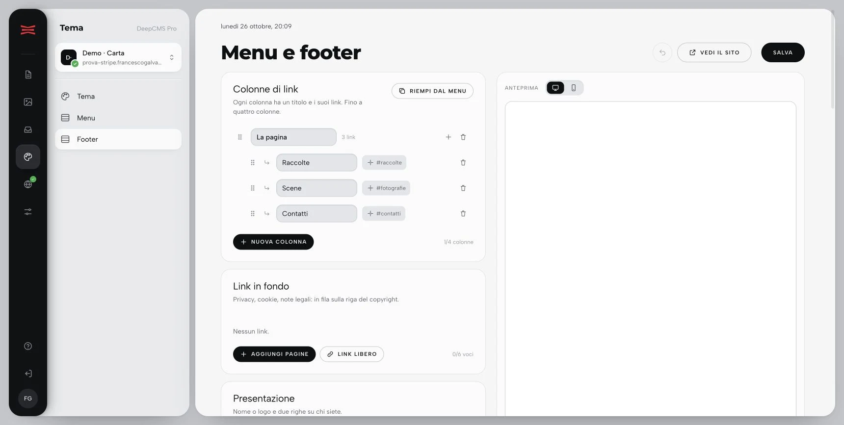 Footer di Demo Carta con colonne di link e collegamenti in fondo.
