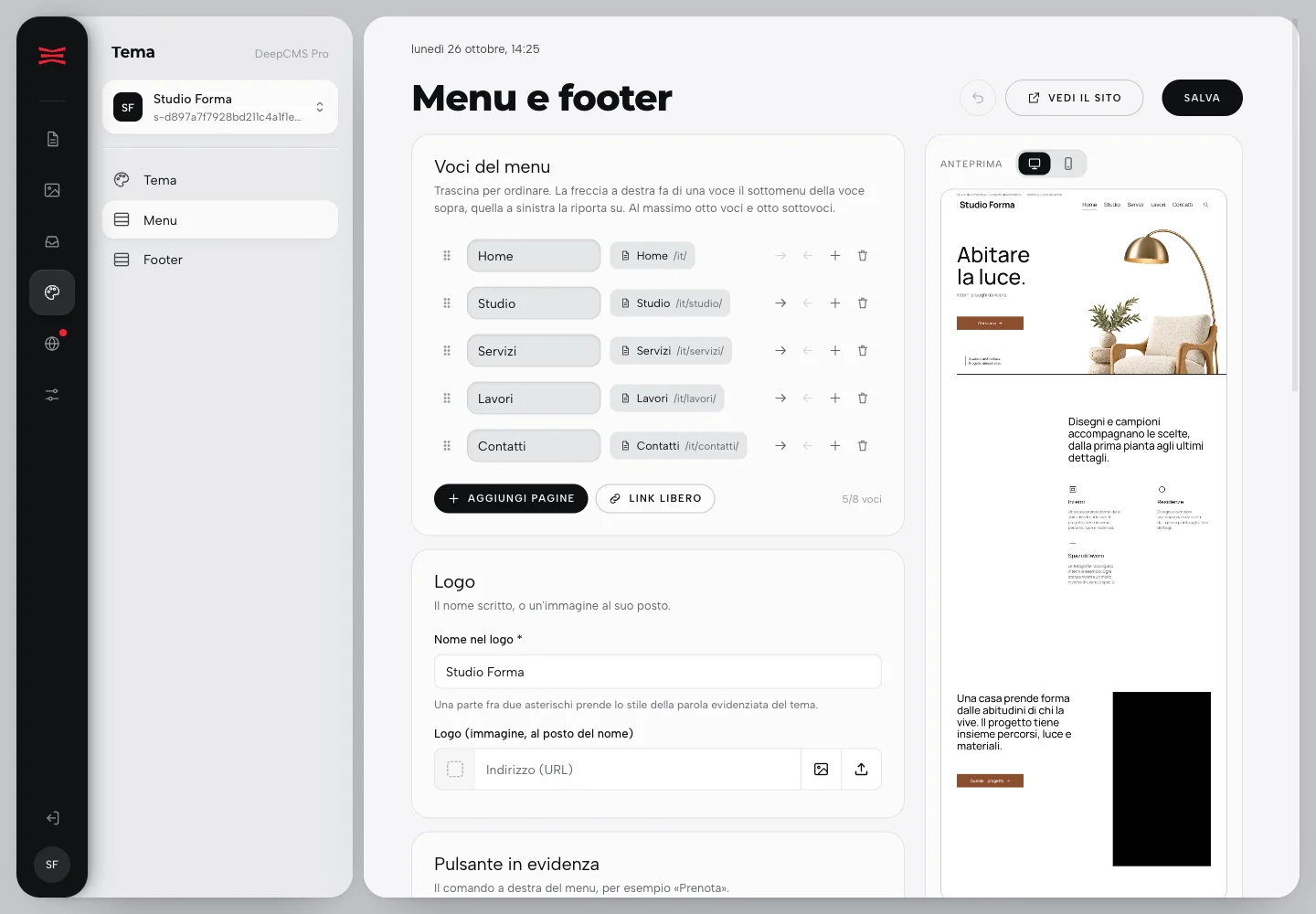 Editor Menu e footer di Studio Forma con le voci del menu e i controlli della testata.
