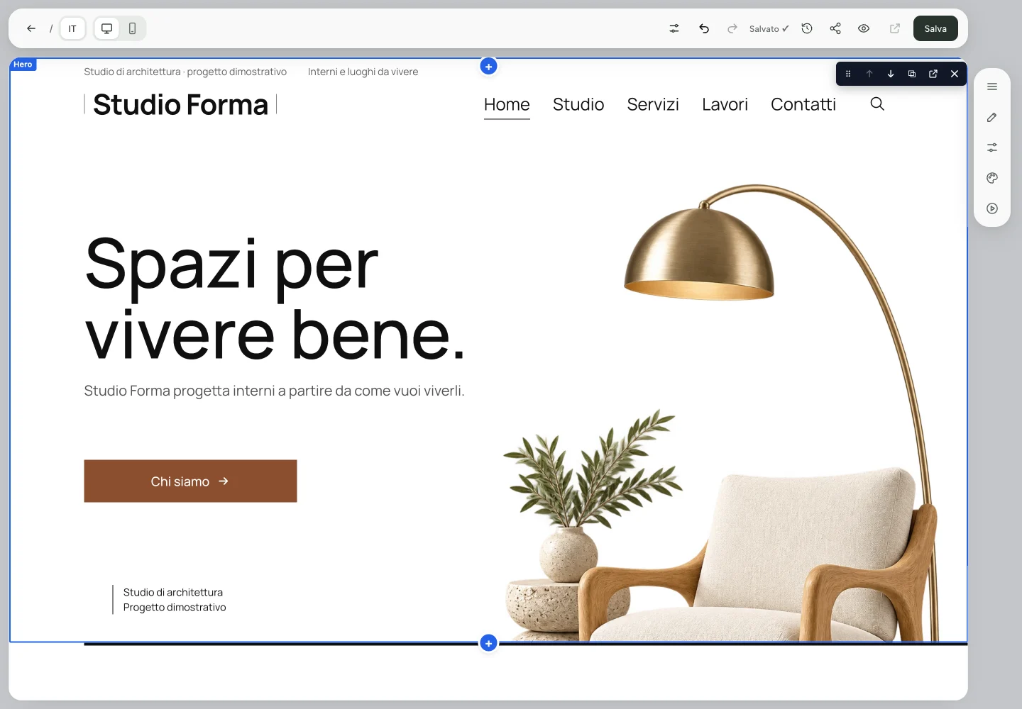 Home di Studio Forma con il carattere Manrope, il titolo Spazi per vivere bene e il pulsante terracotta.