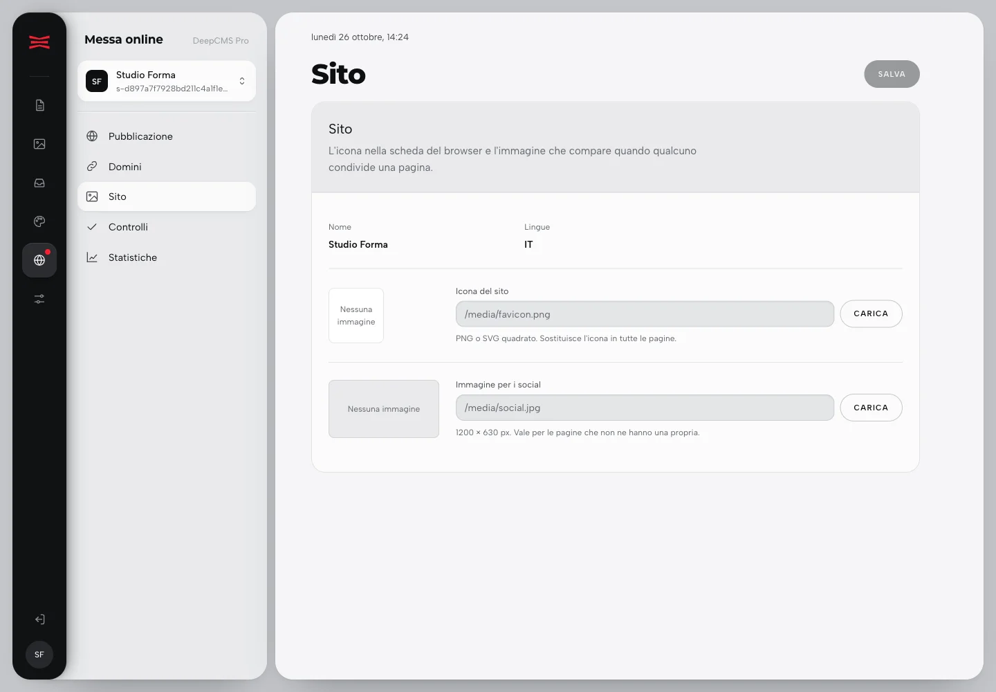 Vista Sito, sotto Messa online, con i controlli dell’identità del sito.