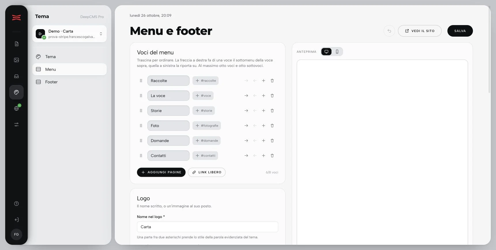 Vista Menu e footer del sito Demo Carta con le voci della navigazione.