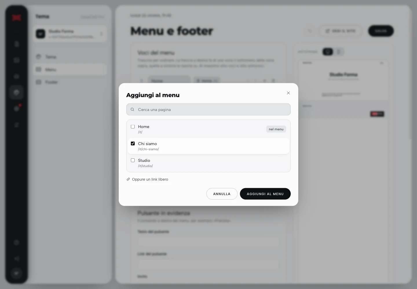 Finestra Aggiungi al menu con Chi siamo selezionata.