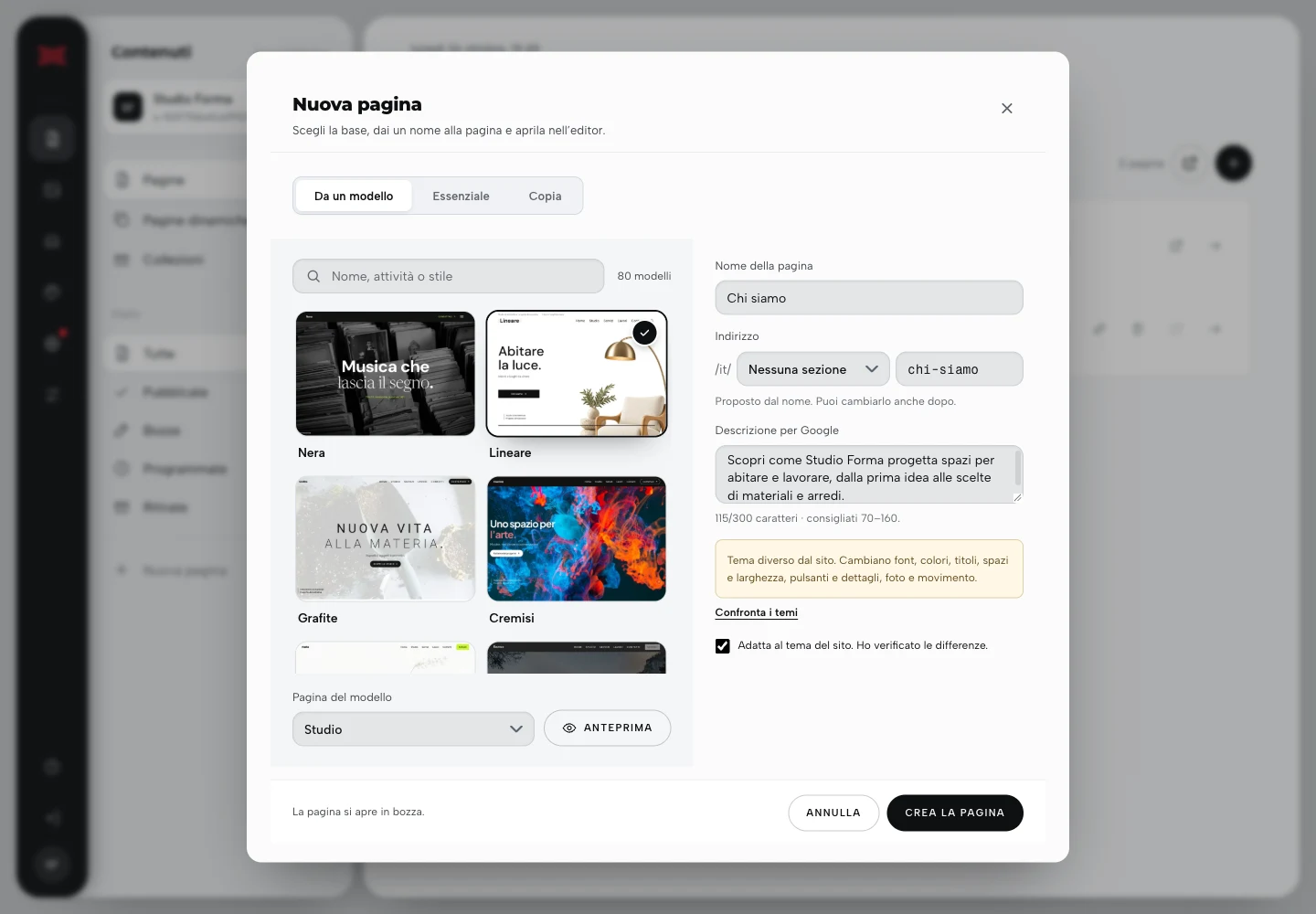 Finestra Nuova pagina con il modello Lineare e la pagina Chi siamo da creare.