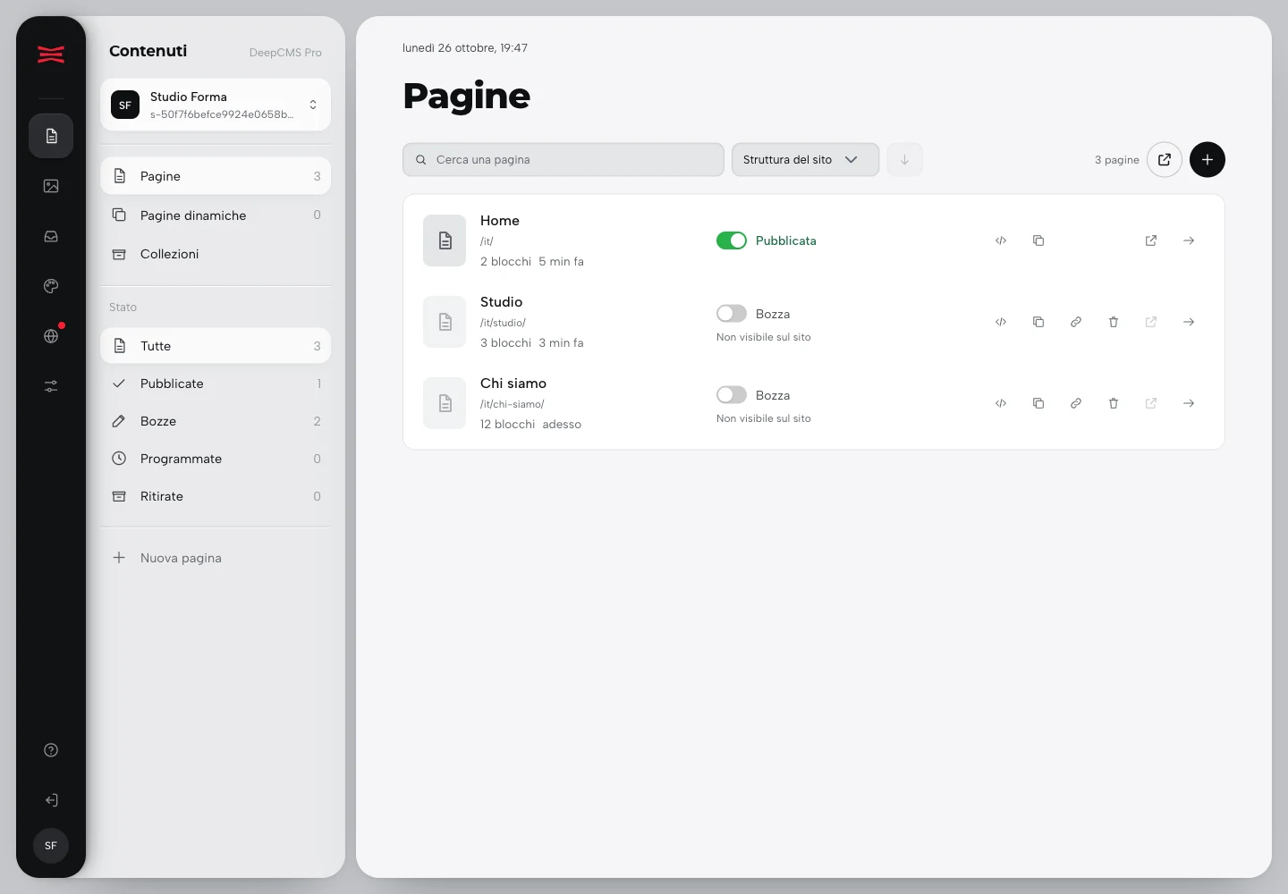 Elenco delle pagine di Studio Forma con gli stati delle singole pagine.