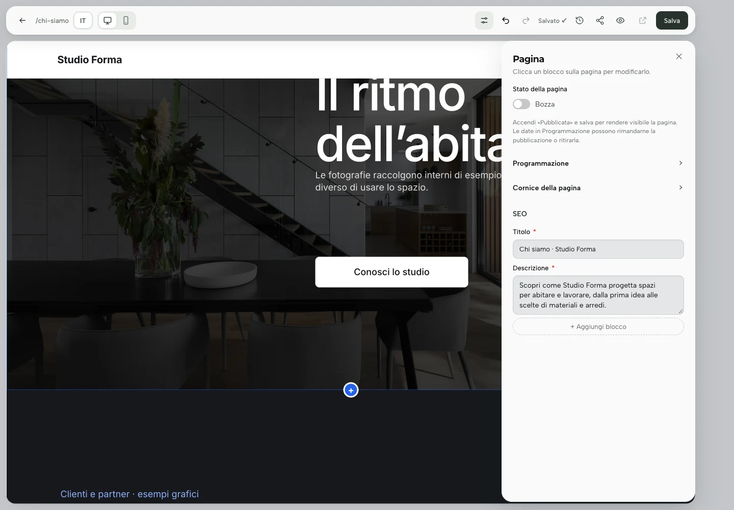 Proprietà della pagina Chi siamo con stato Bozza e campi SEO.