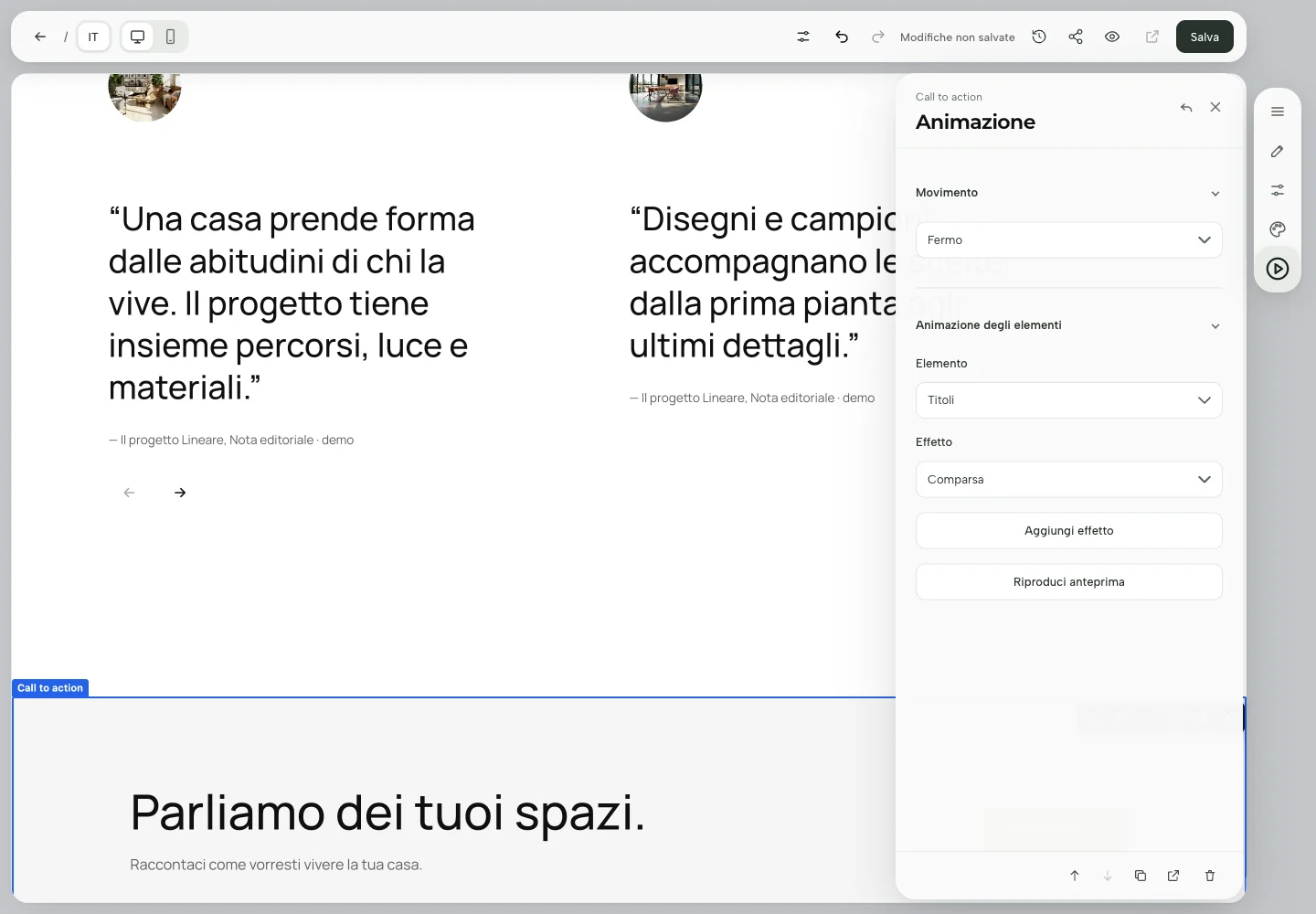 Pannello Animazione con il controllo Movimento impostato su Fermo.