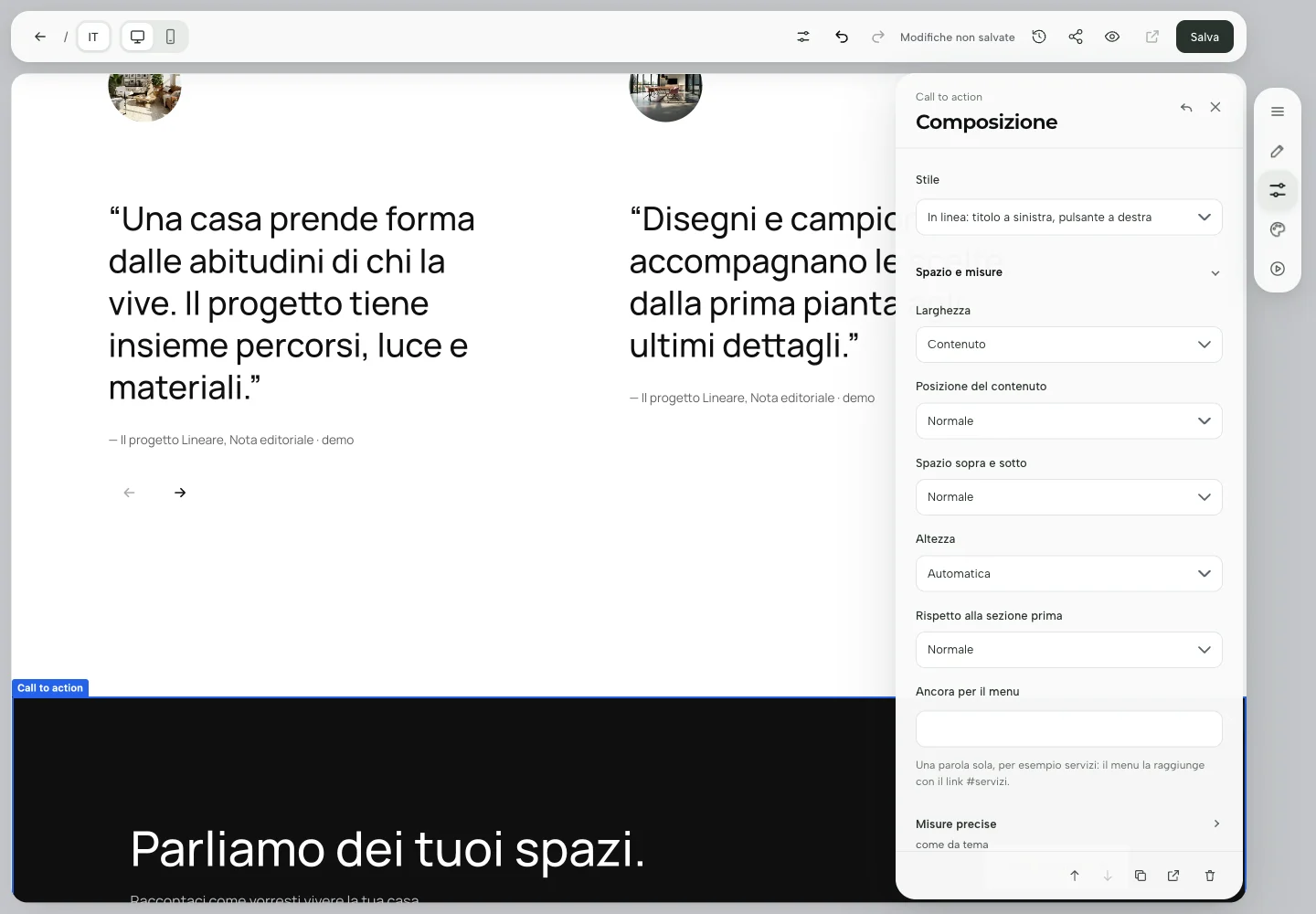 Composizione della Call to action con Stile In linea e Spazio sopra e sotto Normale.