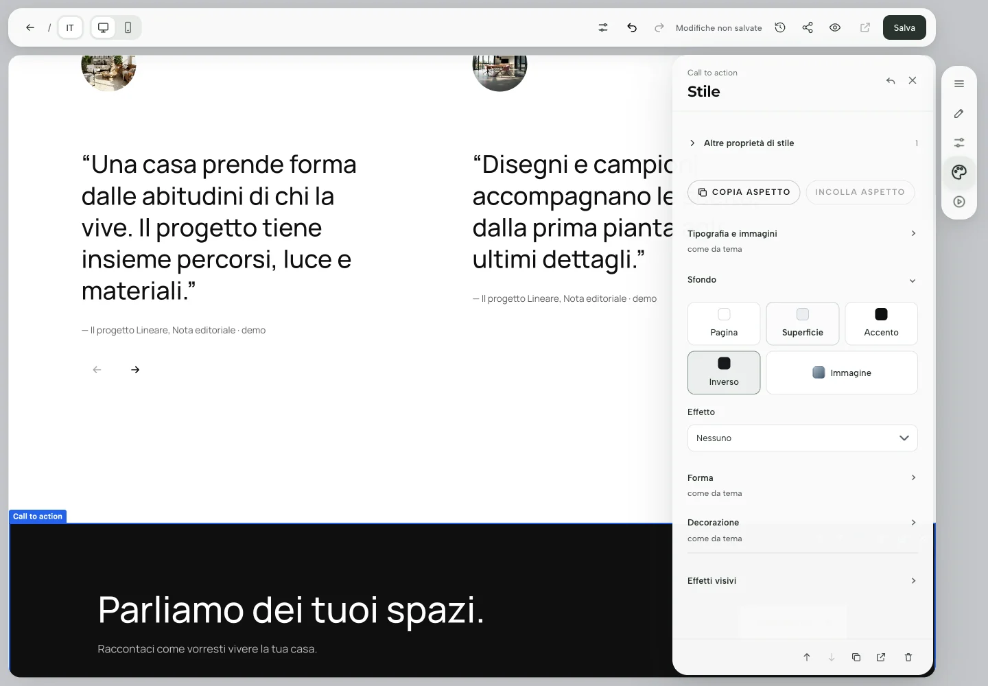 Pannello Stile con il controllo Sfondo e l’opzione Superficie selezionata.