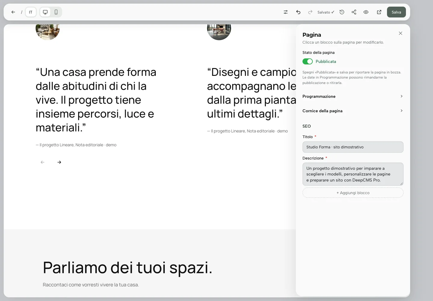 Pannello Pagina con stato Pubblicata e campi SEO del progetto dimostrativo.