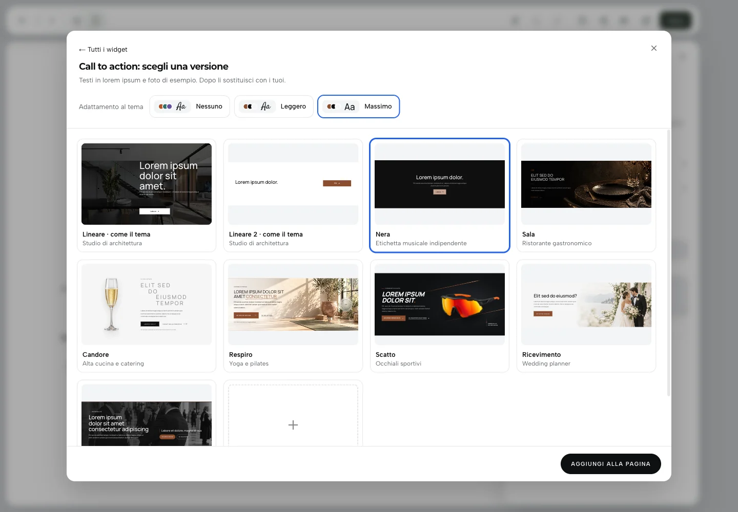 Selettore delle versioni Call to action con Nera selezionata e adattamento Massimo.
