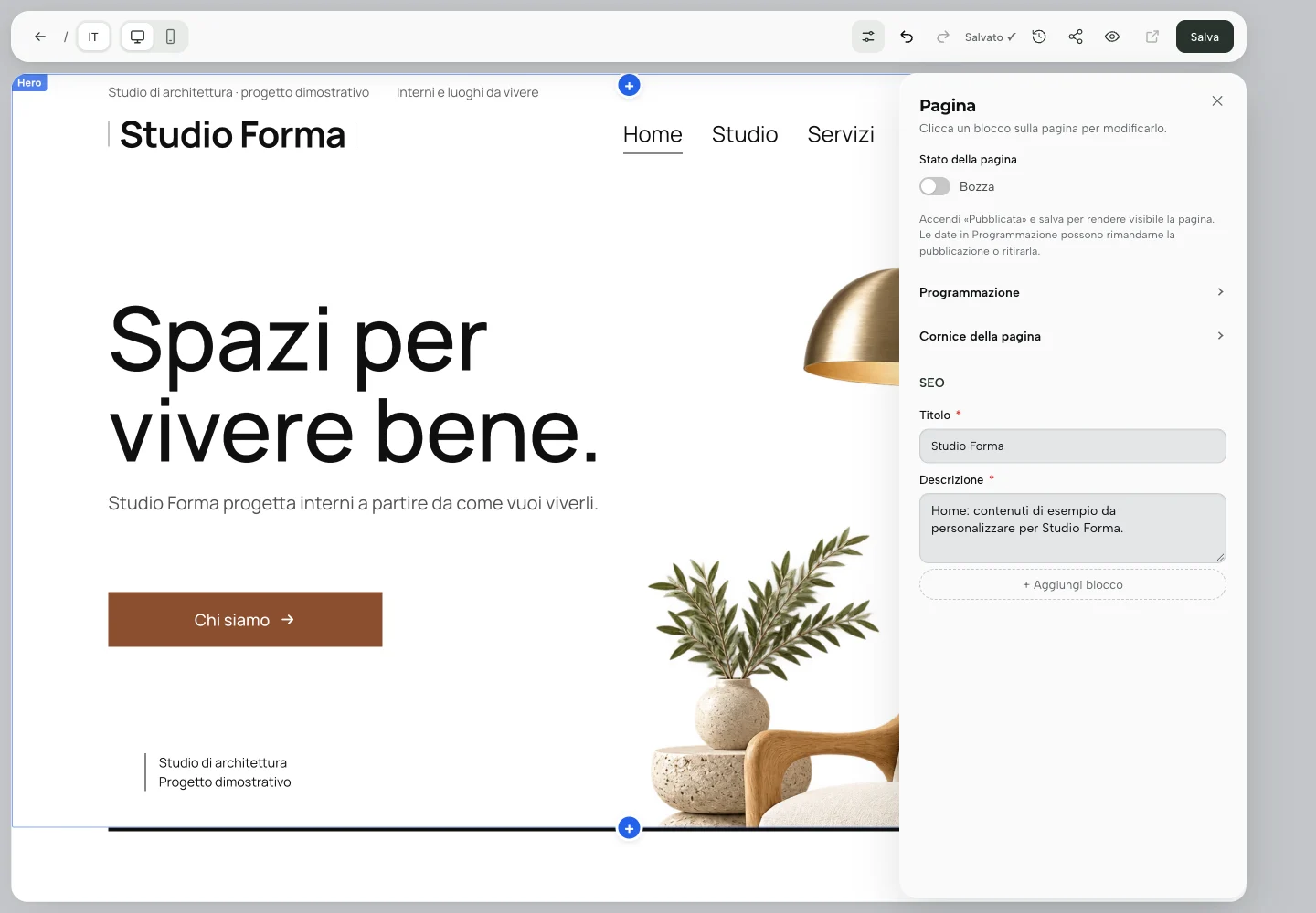 Pannello Pagina dell’editor con il comando + Aggiungi blocco.