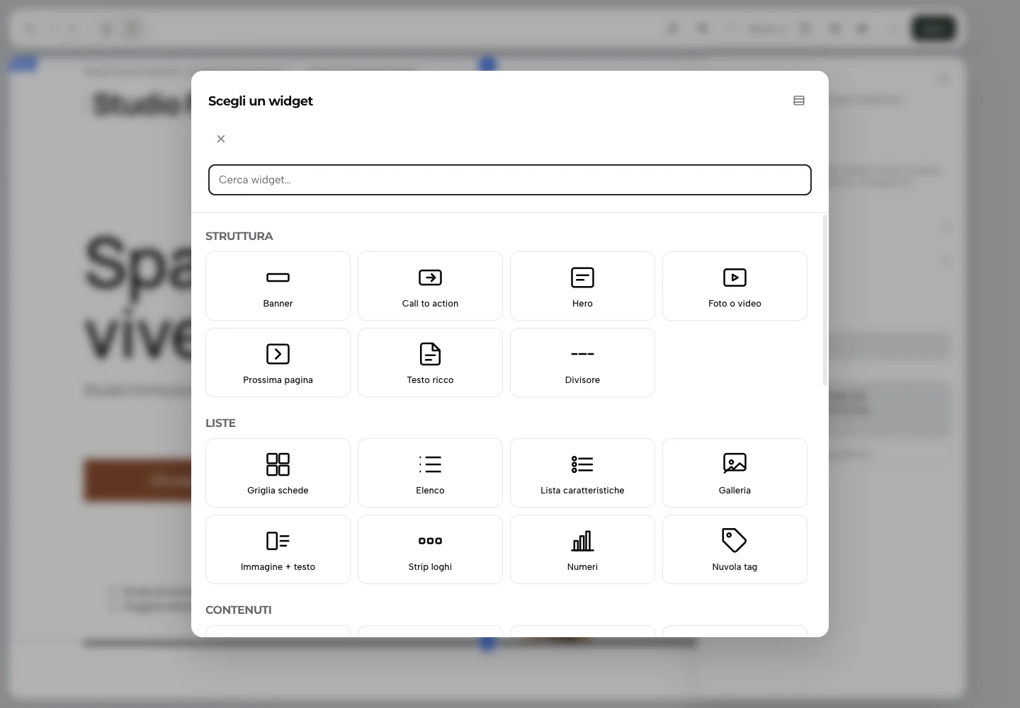 Catalogo Scegli un widget con le categorie Struttura, Liste, Contenuti e Form.