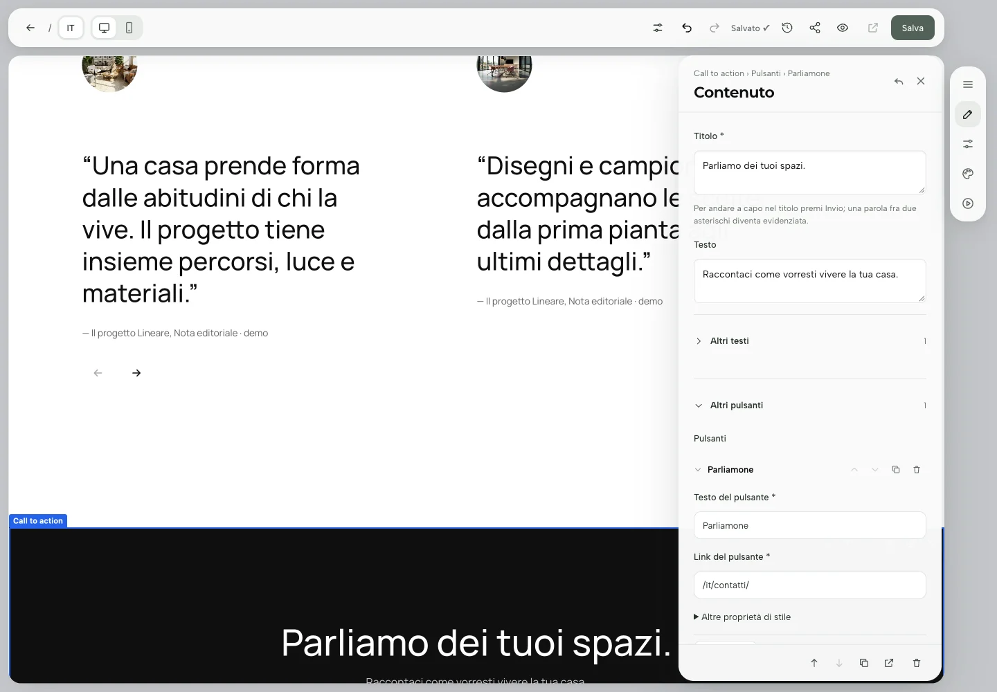 Pannello Contenuto della Call to action con i testi personalizzati e il gruppo dei pulsanti.