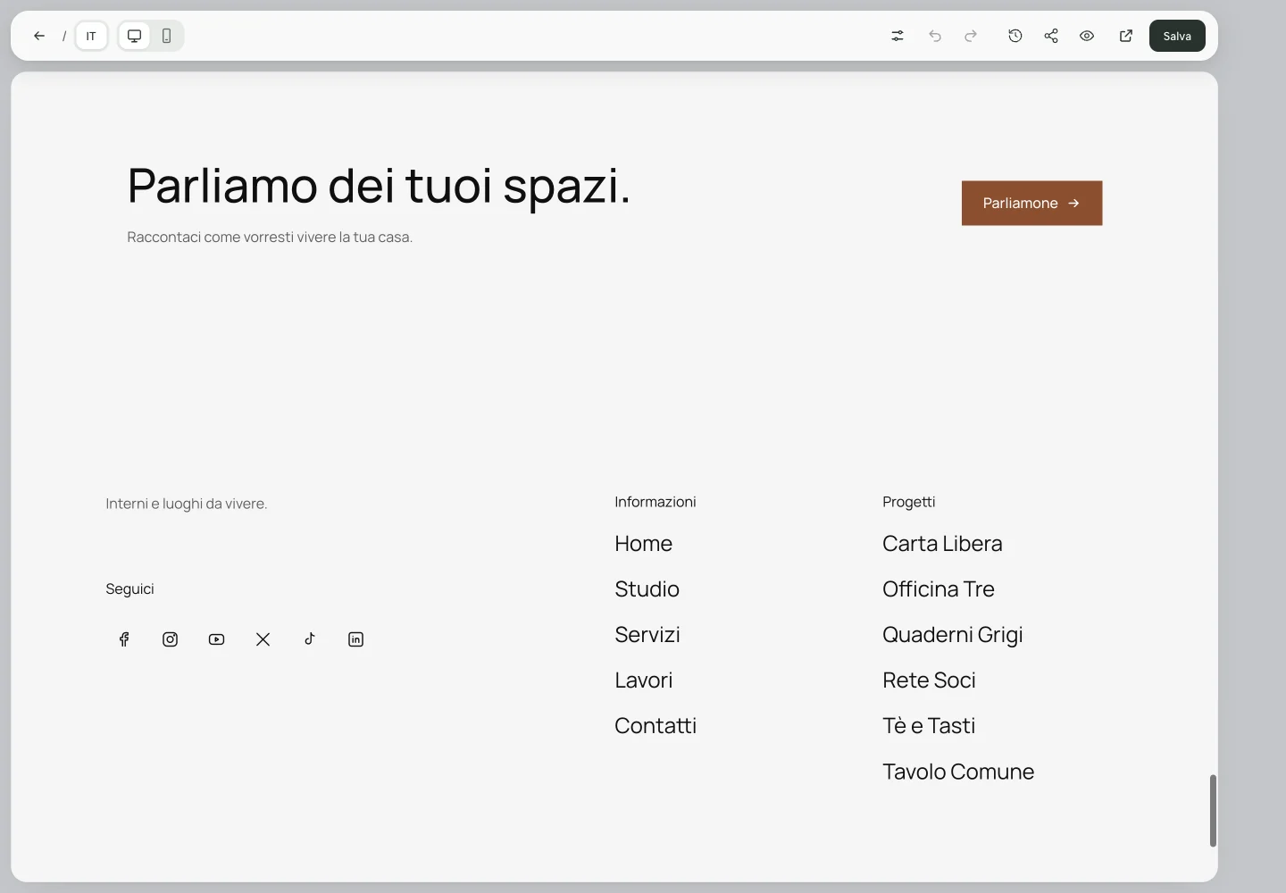 Sezione Call to action di Studio Forma con il titolo Parliamo dei tuoi spazi e il pulsante Parliamone.