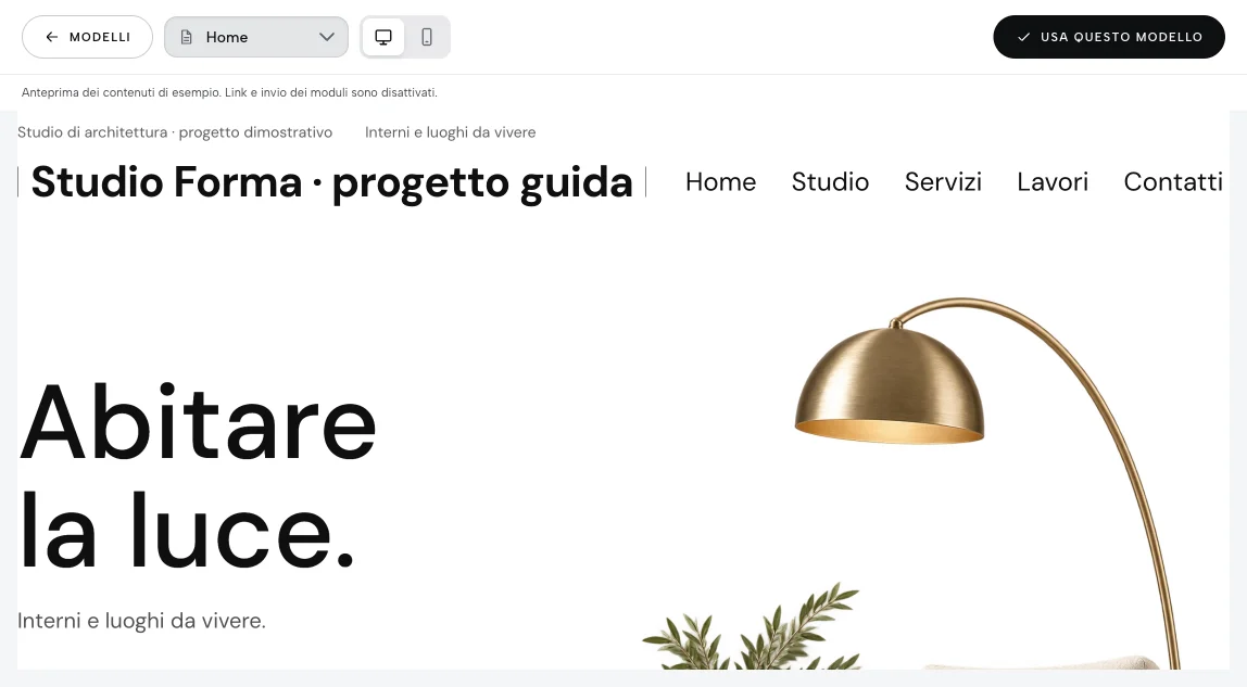 Anteprima del modello Lineare con selezione della pagina, pulsanti Desktop e Telefono e comando Usa questo modello.