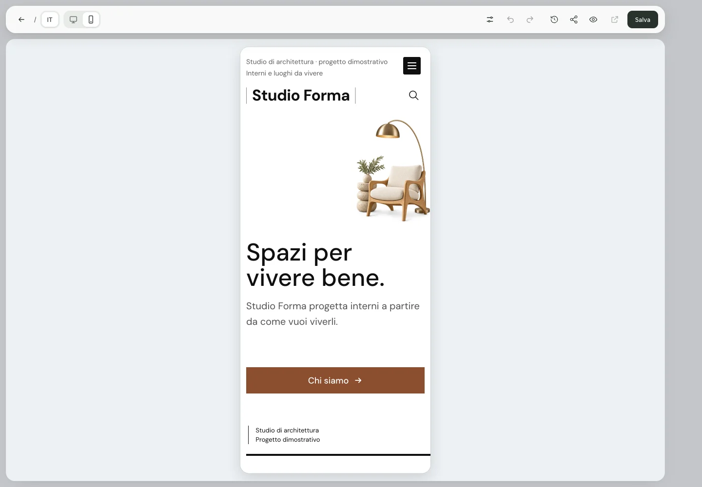 Modalità Telefono dell’editor: immagine sopra il titolo, sottotitolo leggibile e pulsante terracotta a tutta larghezza.