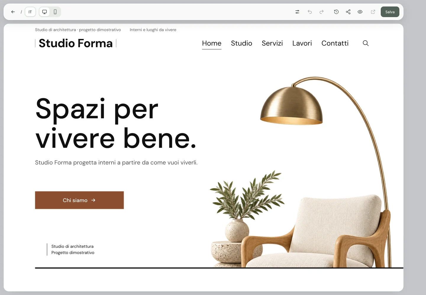 La home di Studio Forma nell’editor, con il titolo personalizzato Spazi per vivere bene e il pulsante color terracotta.