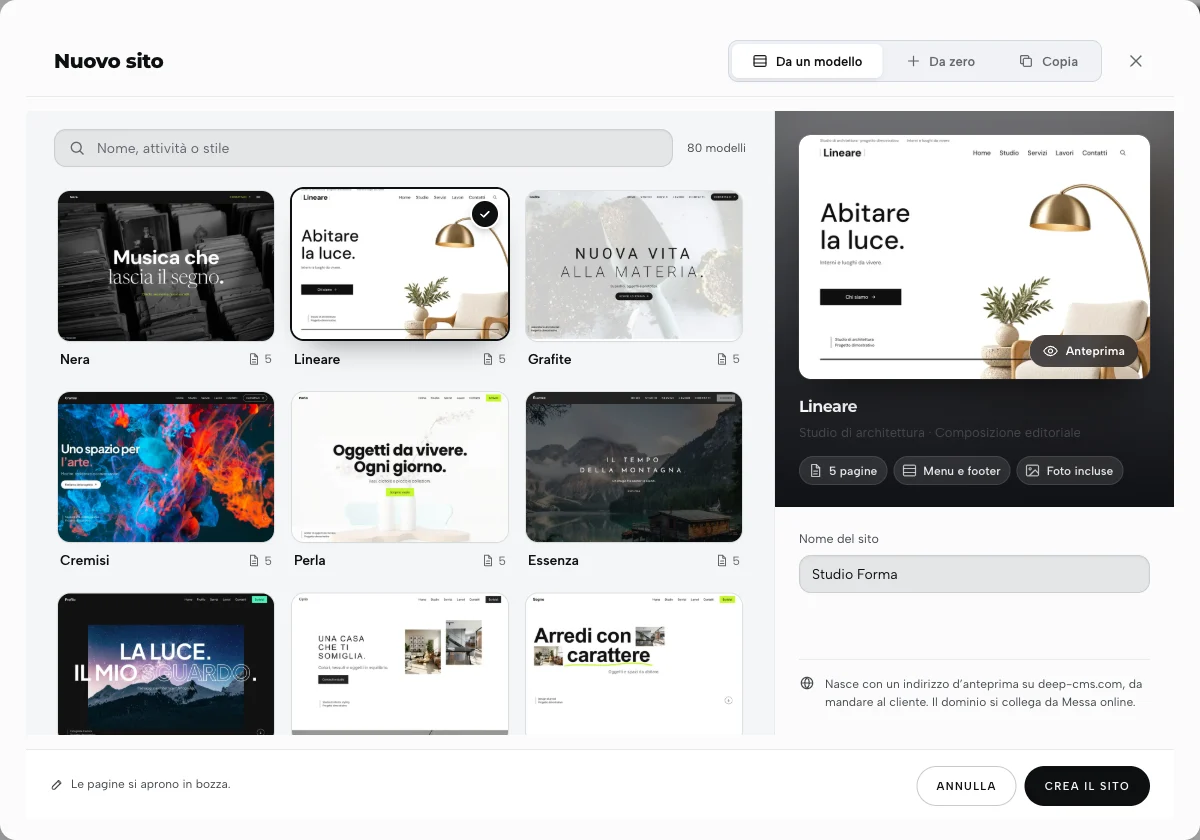 Finestra Nuovo sito con Lineare selezionato, il nome Studio Forma e il pulsante Crea il sito.